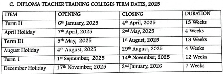 diploma teacher training colleges term dates, 2025