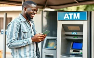 A man withdrawing money at an ATM booth through mobile money