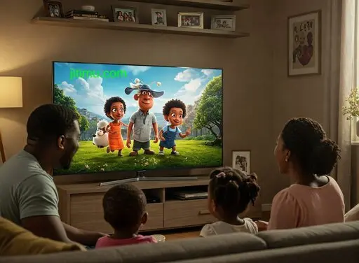 A family watching cartoons on pay tv