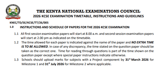 Download full knec kcse 2026 timetable